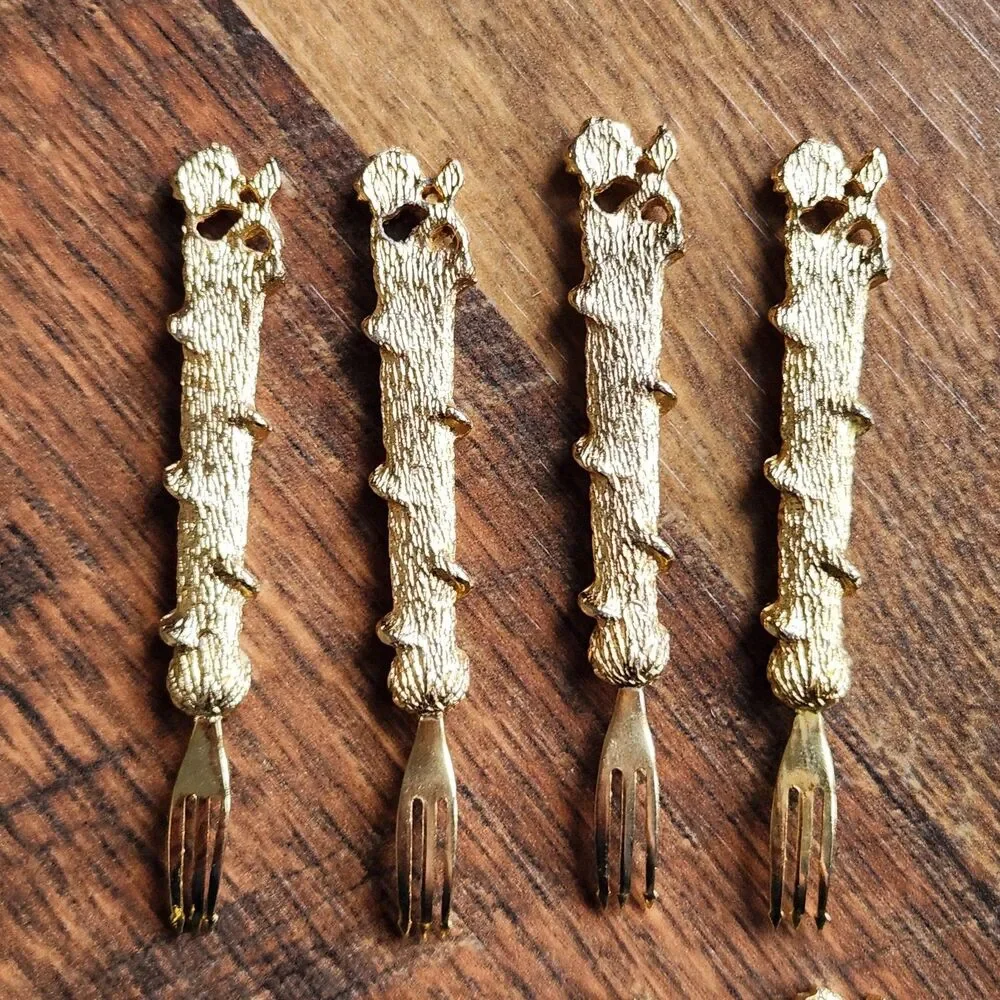 Vtg Janis Collection 24K Gold Plated Hors D'oeuvre Forks Rose Vine Set of 8 2”